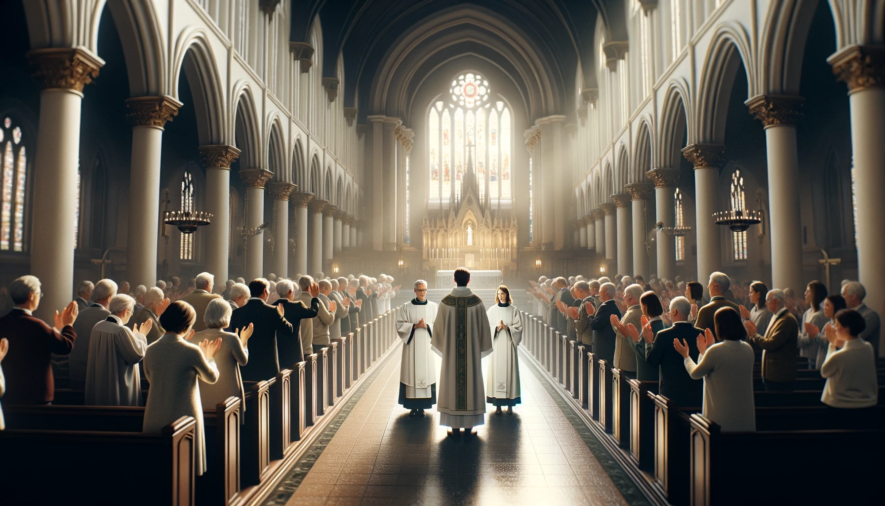 Kuvassa koko seurakunta on koolla ja pastorit ovat siunaamassa heitä.